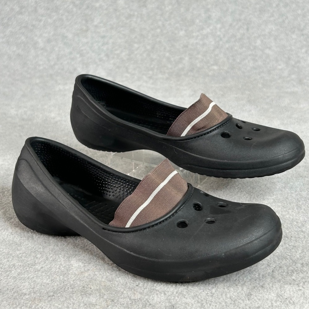 CROCS Women's Juneau Flats Size 9 Elastic Strap Shoe Black Rubber Slip On Vented